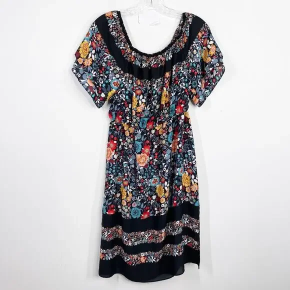 LOFT Black Floral Print Striped Off the Shoulder Dress Sz. Small Petite SP - Picture 8 of 8